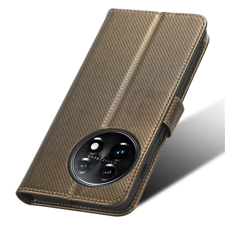For OnePlus 11 5G PU Leather Cell Phone Cover Diamond Texture Flip Wallet Stand Full Protection Phone Case - Brown