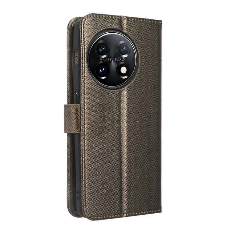 For OnePlus 11 5G PU Leather Cell Phone Cover Diamond Texture Flip Wallet Stand Full Protection Phone Case - Brown