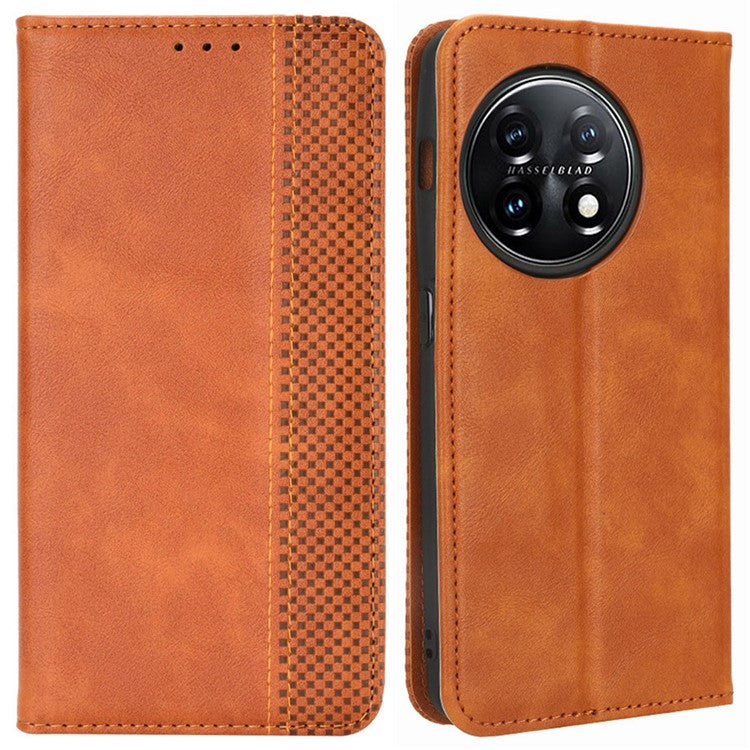 Cell Phone Cover with Stand For OnePlus 11 5G, Magnetic Retro Texture Wallet Drop-proof PU Leather Phone Case - Brown
