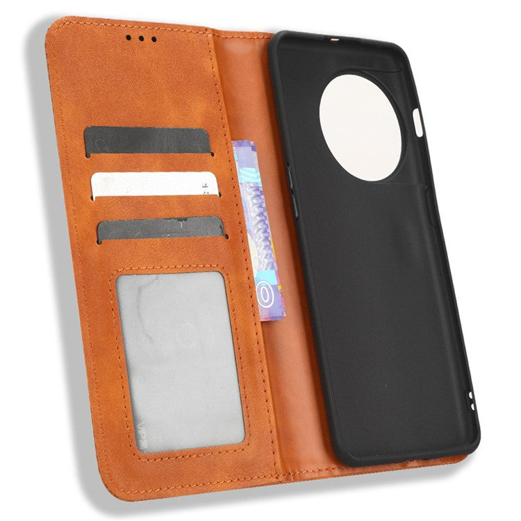 Cell Phone Cover with Stand For OnePlus 11 5G, Magnetic Retro Texture Wallet Drop-proof PU Leather Phone Case - Brown