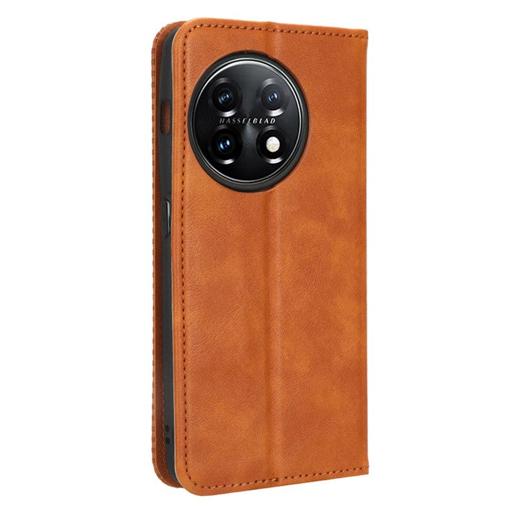 Cell Phone Cover with Stand For OnePlus 11 5G, Magnetic Retro Texture Wallet Drop-proof PU Leather Phone Case - Brown