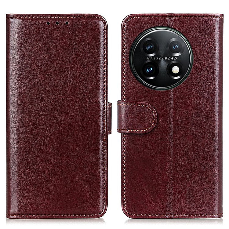 Phone Stand Case Wallet for OnePlus 11 5G, Crazy Horse Texture Magnetic Clasp PU Leather + TPU Shockproof Cover - Brown