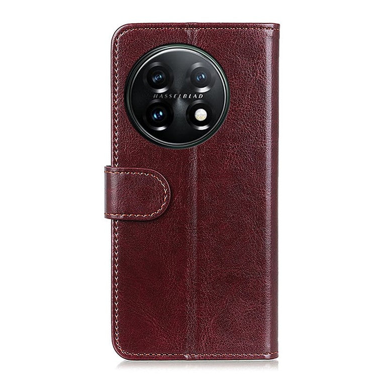 Phone Stand Case Wallet for OnePlus 11 5G, Crazy Horse Texture Magnetic Clasp PU Leather + TPU Shockproof Cover - Brown