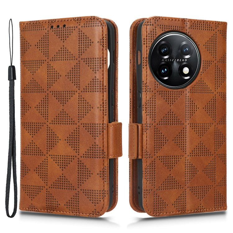 For OnePlus 11 5G Cell Phone Case Imprinted Triangle Pattern Phone Cover PU Leather Wallet with Wrist Strap - Brown