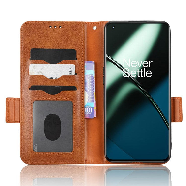 For OnePlus 11 5G Cell Phone Case Imprinted Triangle Pattern Phone Cover PU Leather Wallet with Wrist Strap - Brown