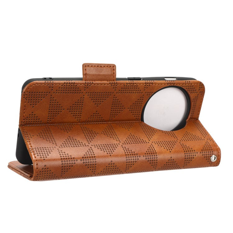 For OnePlus 11 5G Cell Phone Case Imprinted Triangle Pattern Phone Cover PU Leather Wallet with Wrist Strap - Brown