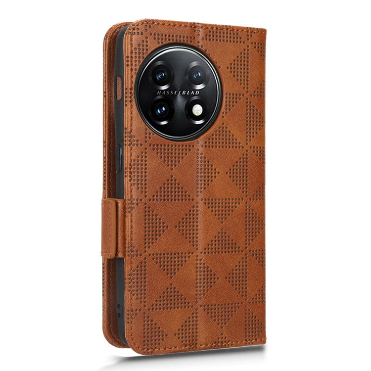 For OnePlus 11 5G Cell Phone Case Imprinted Triangle Pattern Phone Cover PU Leather Wallet with Wrist Strap - Brown