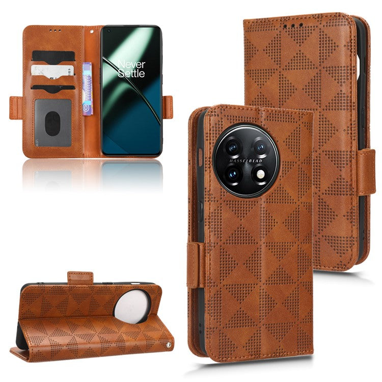 For OnePlus 11 5G Cell Phone Case Imprinted Triangle Pattern Phone Cover PU Leather Wallet with Wrist Strap - Brown