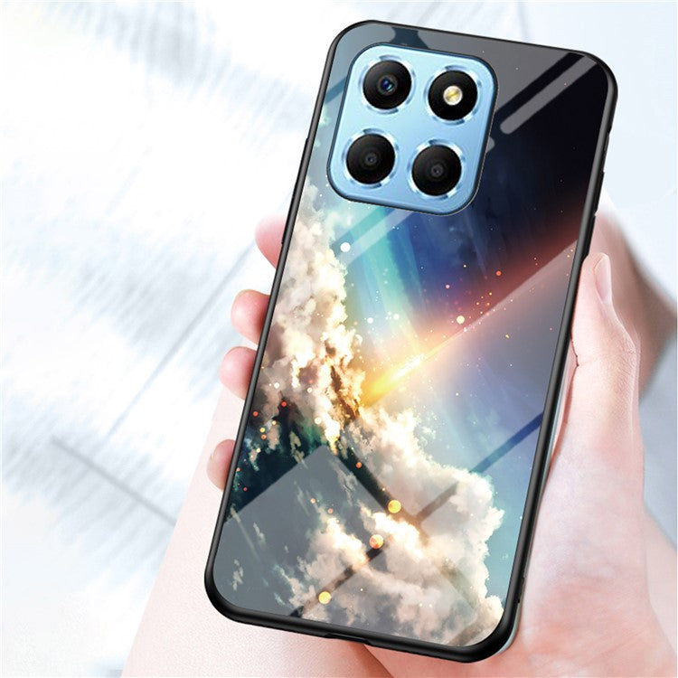 For Honor X8 5G Air-bag Anti-fall Phone Case Starry Sky Pattern Tempered Glass+PC+TPU Back Cover - Starry Crescent Moon