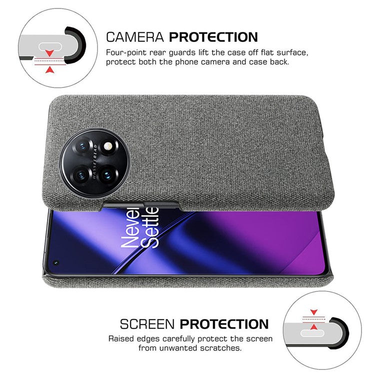 For OnePlus 11 5G Non-slip Slim Cell Phone Case Solid Color Hard PC+Cloth Shockproof Phone Cover - Grey