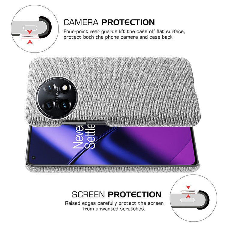For OnePlus 11 5G Non-slip Slim Cell Phone Case Solid Color Hard PC+Cloth Shockproof Phone Cover - Light Grey