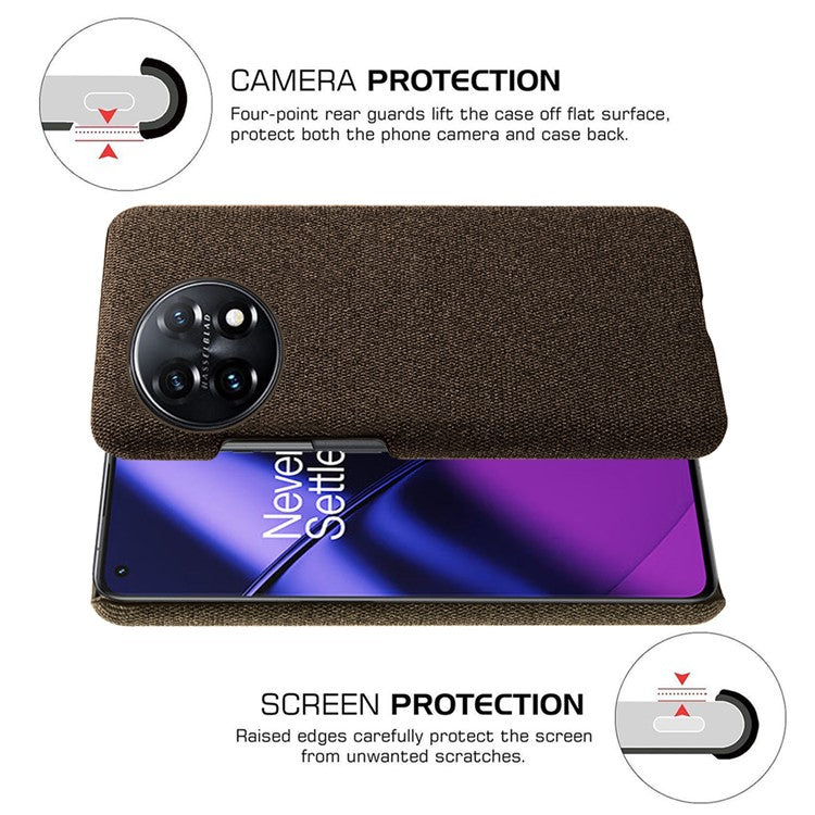 For OnePlus 11 5G Non-slip Slim Cell Phone Case Solid Color Hard PC+Cloth Shockproof Phone Cover - Brown