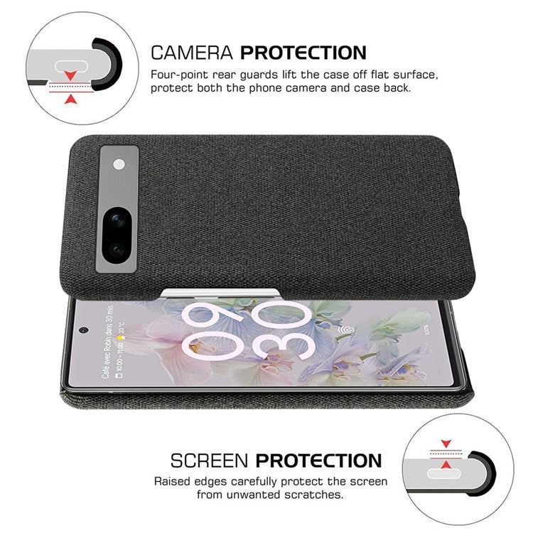 For Google Pixel 7a Non-slip Slim Smartphone Case Solid Color Anti-scratch Hard PC+Cloth Phone Cover - Black