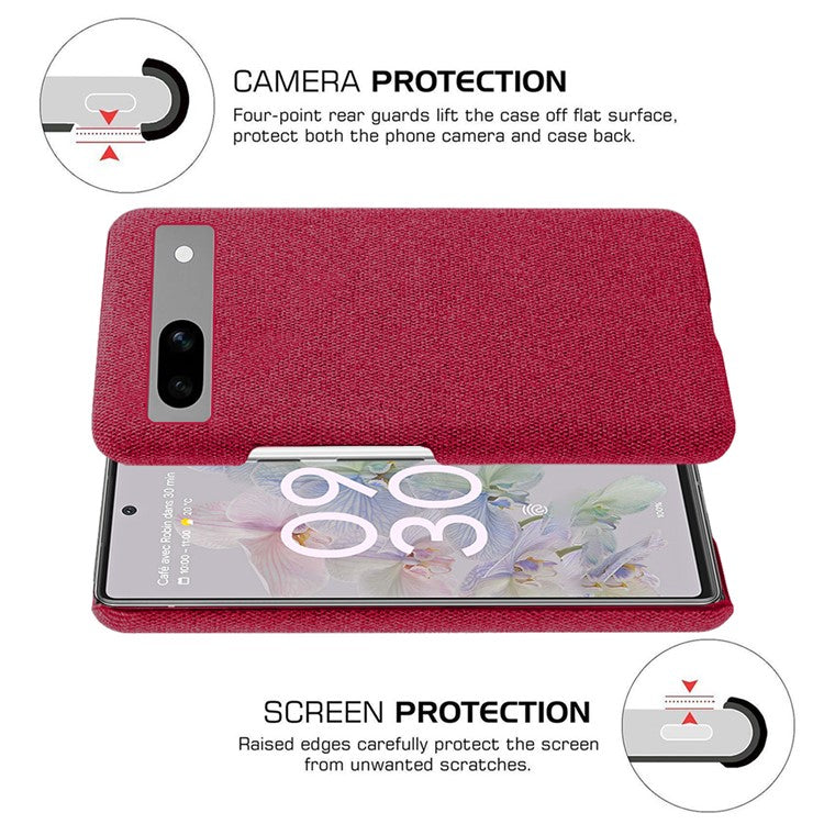 For Google Pixel 7a Non-slip Slim Smartphone Case Solid Color Anti-scratch Hard PC+Cloth Phone Cover - Red