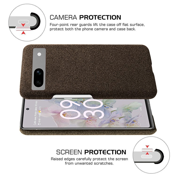 For Google Pixel 7a Non-slip Slim Smartphone Case Solid Color Anti-scratch Hard PC+Cloth Phone Cover - Brown