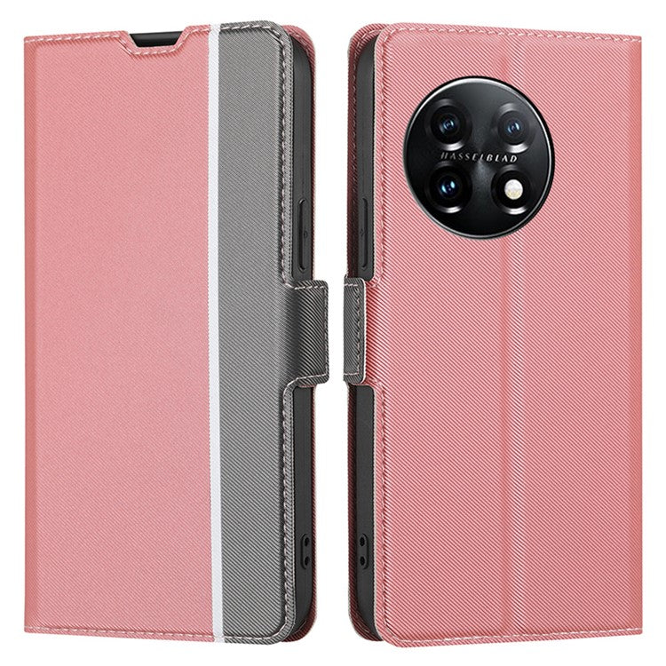 Anti-drop Phone Cover For OnePlus 11 5G, Twill Texture Stand Card Holder Anti-scratch Flip Leather Phone Case - Pink