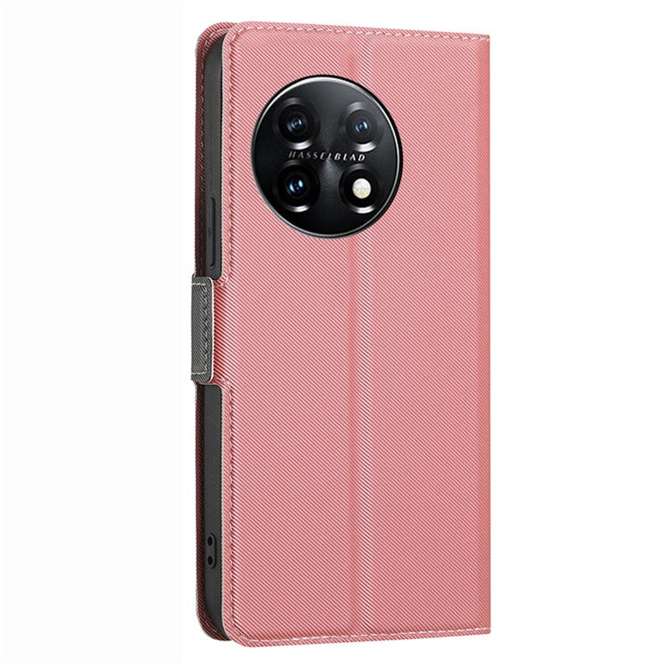 Anti-drop Phone Cover For OnePlus 11 5G, Twill Texture Stand Card Holder Anti-scratch Flip Leather Phone Case - Pink