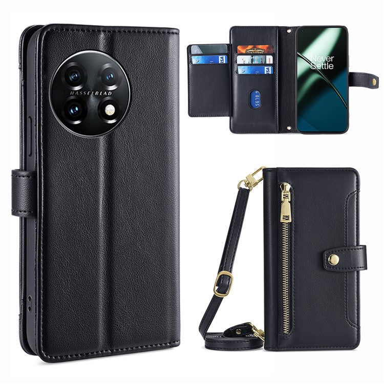 Shockproof Phone Case for OnePlus 11 5G, Zipper Pocket Card Slots Flip Leather Phone Cover with Straps - Black