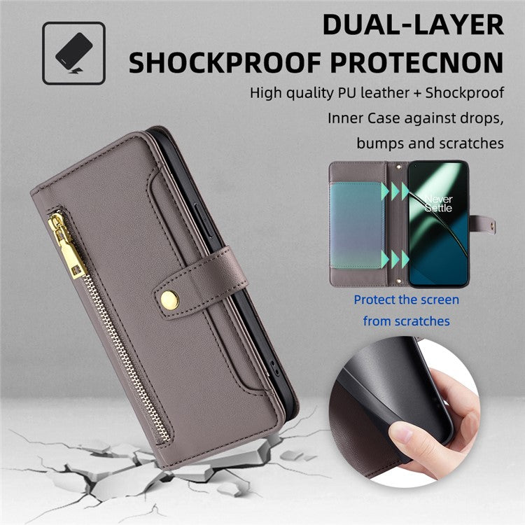 Shockproof Phone Case for OnePlus 11 5G, Zipper Pocket Card Slots Flip Leather Phone Cover with Straps - Grey