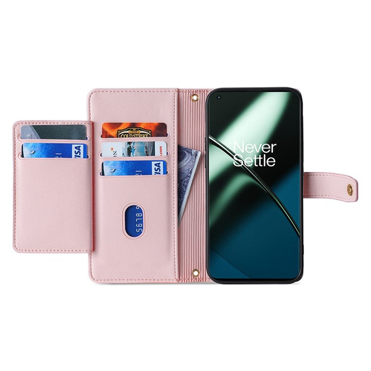 Shockproof Phone Case for OnePlus 11 5G, Zipper Pocket Card Slots Flip Leather Phone Cover with Straps - Pink