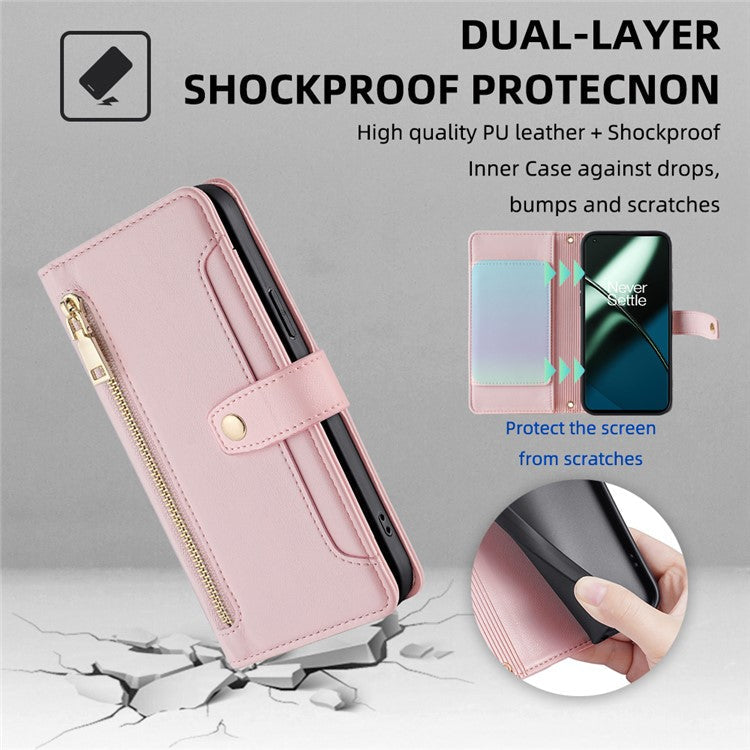 Shockproof Phone Case for OnePlus 11 5G, Zipper Pocket Card Slots Flip Leather Phone Cover with Straps - Pink