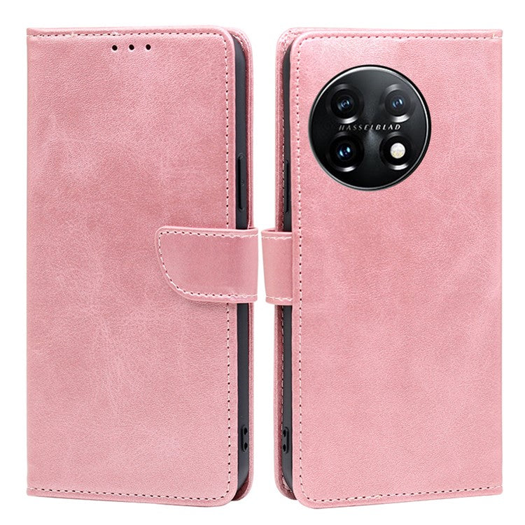 Shockproof Cell Phone Case for OnePlus 11 5G, Calf Texture Stand Wallet Anti-scratch PU Leather Phone Cover - Rose Gold