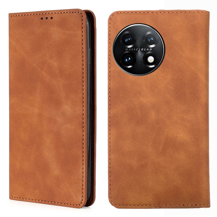 For OnePlus 11 5G Shockproof Cell Phone Cover Card Slot Stand Skin-friendly Flip Leather Phone Case - Light Brown