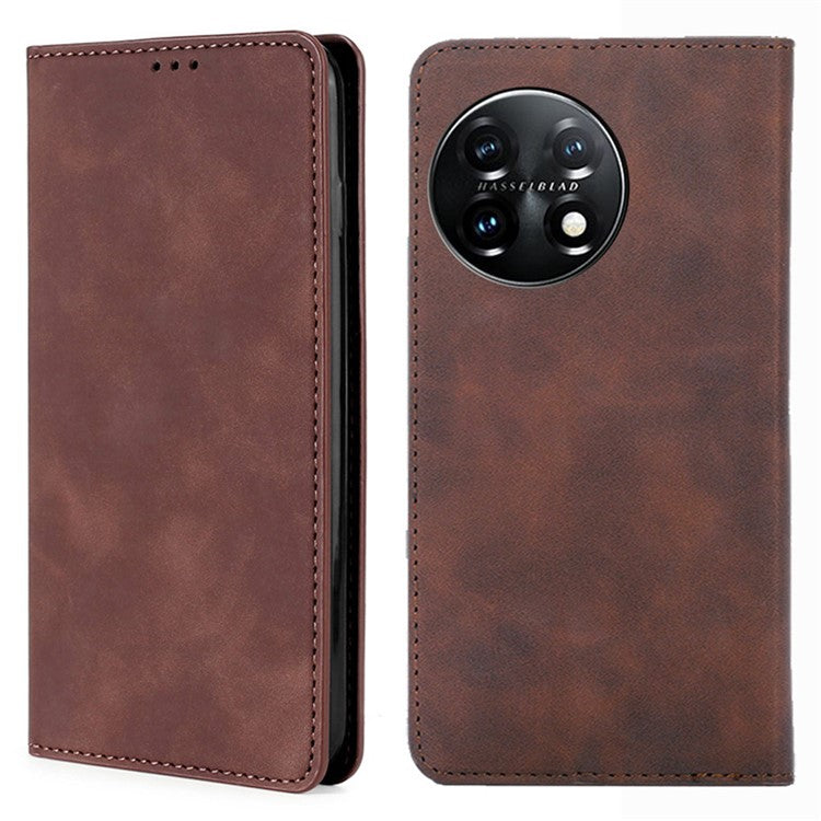 For OnePlus 11 5G Shockproof Cell Phone Cover Card Slot Stand Skin-friendly Flip Leather Phone Case - Dark Brown