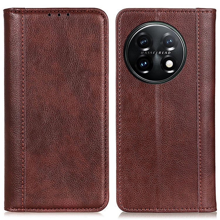 For OnePlus 11 5G Split Leather Stand Phone Case Litchi Texture Wallet Protection Cover - Brown