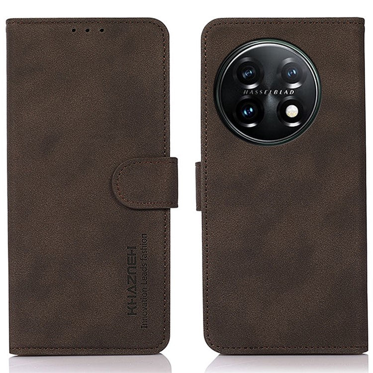 KHAZNEH PU Leather Phone Case for OnePlus 11 5G Textured Magnetic Clasp Stand Wallet Cover - Brown