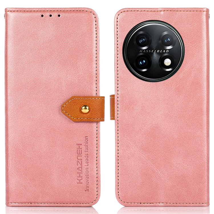 KHAZNEH For OnePlus 11 5G Cowhide Texture PU Leather Phone Case Gold Buckle Stand Wallet Flip Protective Cover - Rose Gold