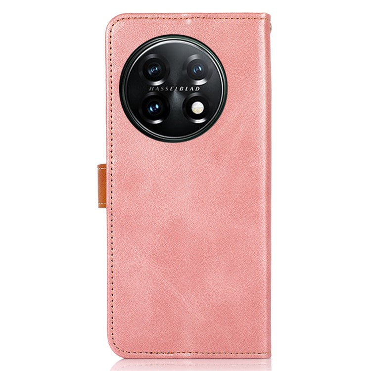 KHAZNEH For OnePlus 11 5G Cowhide Texture PU Leather Phone Case Gold Buckle Stand Wallet Flip Protective Cover - Rose Gold
