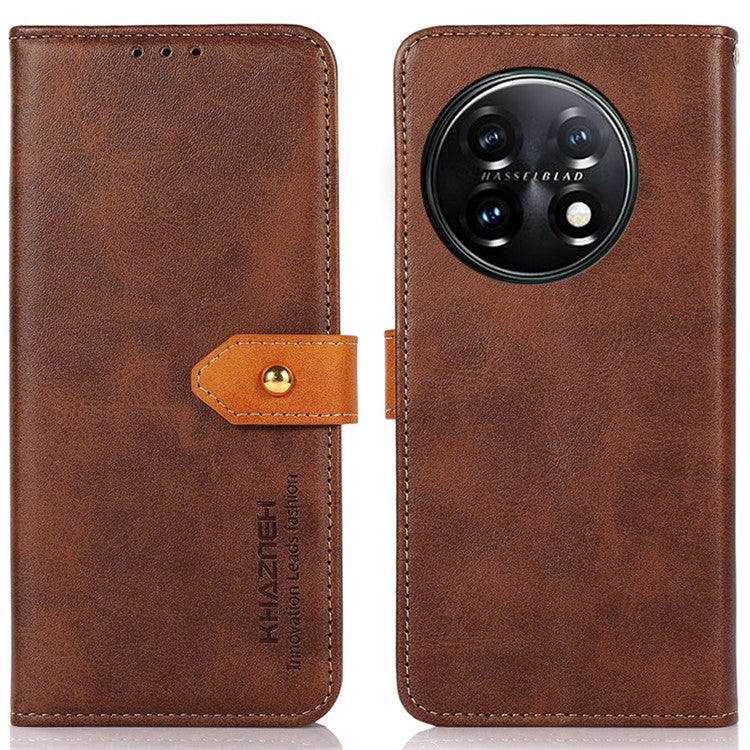 KHAZNEH For OnePlus 11 5G Cowhide Texture PU Leather Phone Case Gold Buckle Stand Wallet Flip Protective Cover - Brown