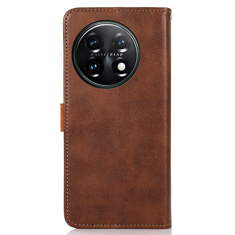 KHAZNEH For OnePlus 11 5G Cowhide Texture PU Leather Phone Case Gold Buckle Stand Wallet Flip Protective Cover - Brown