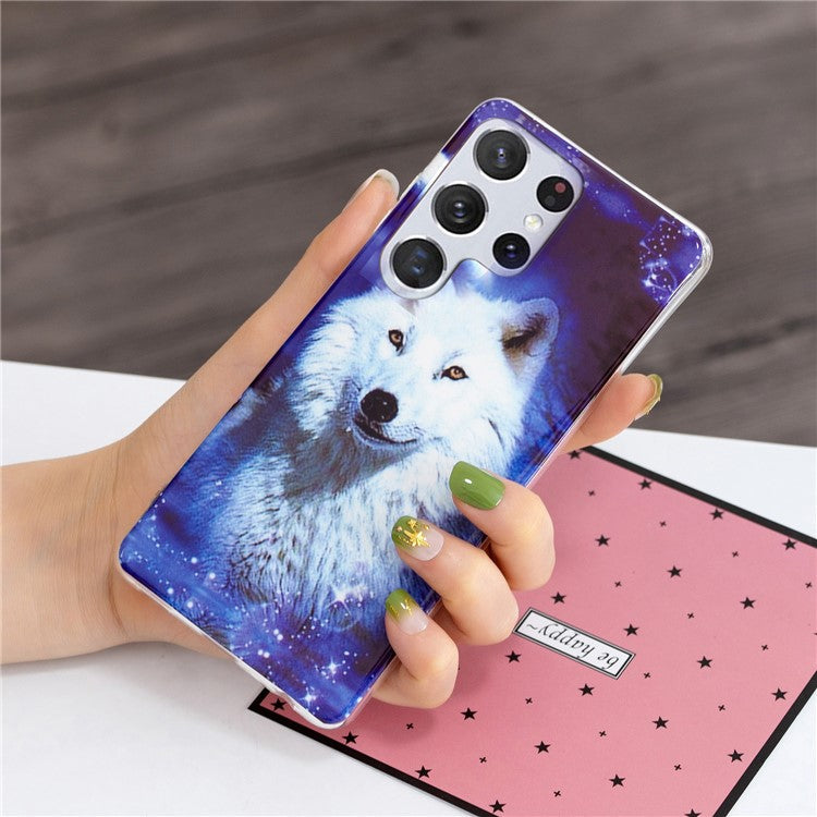 Soft TPU Phone Case for Samsung Galaxy S23 Ultra, Luminous Noctilucent Pattern Printing IMD Phone Cover - Wolf / Starry Sky
