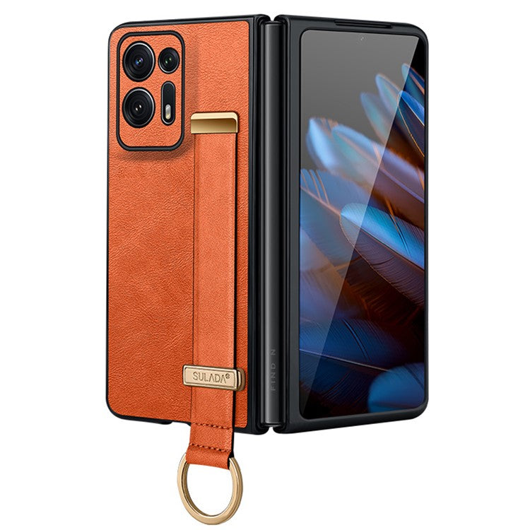 SULADA Fashion Series For Oppo Find N2 5G Crazy Horse Texture Phone Case Leather Coated PC + TPU Anti-drop Cover with Wristband Kickstand - Orange