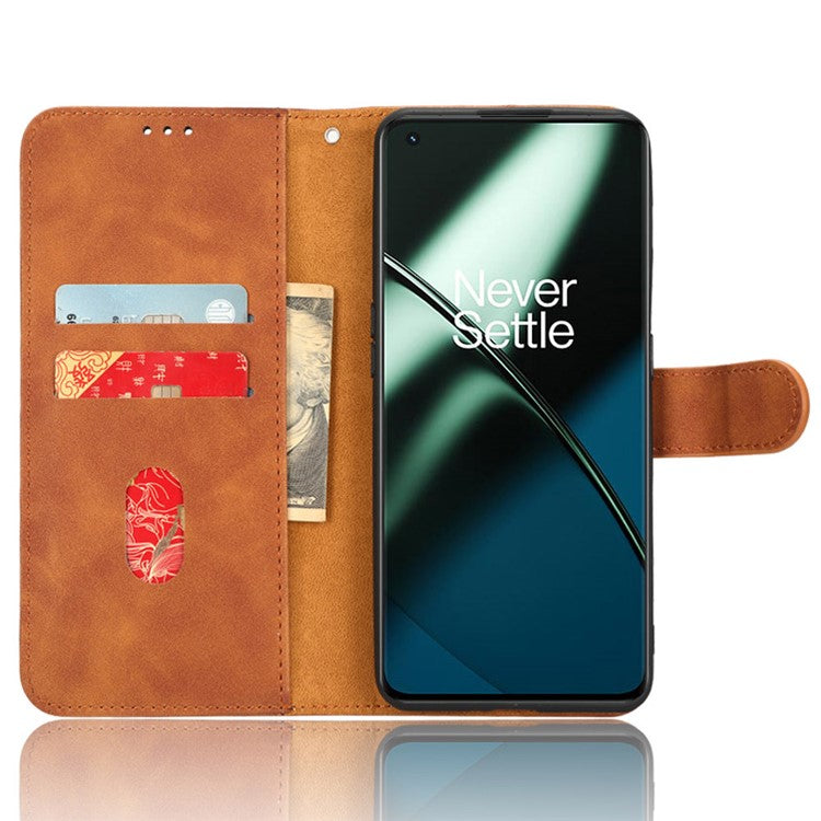 For OnePlus 11 5G Skin-touch Feeling Phone Leather Case Wallet Stand Cell Phone Cover - Brown