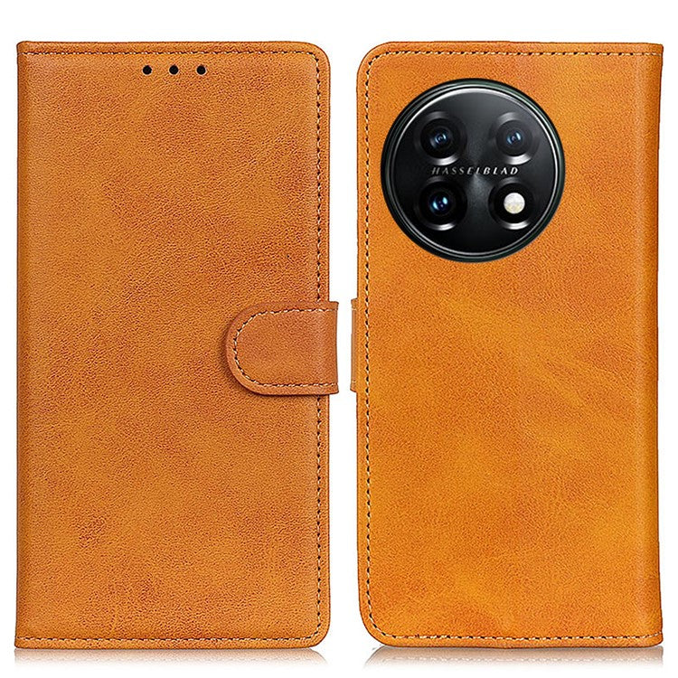 For OnePlus 11 5G Cowhide Texture Wallet Stand PU Leather Phone Case Magnetic Clasp Anti-Scratch Cover - Brown