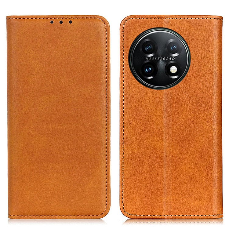 For OnePlus 11 5G Magnetic Auto Closing Mobile Phone Stand Case Split Leather Drop-proof Cover Wallet - Brown