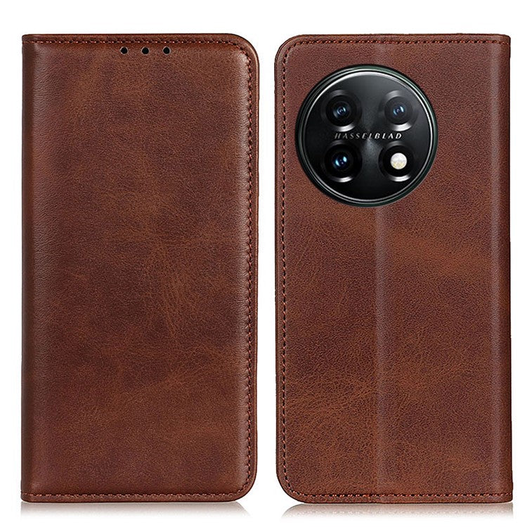 For OnePlus 11 5G Magnetic Auto Closing Mobile Phone Stand Case Split Leather Drop-proof Cover Wallet - Coffee