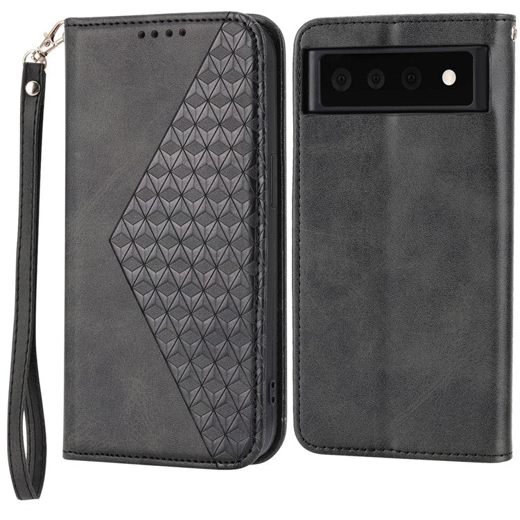 Phone Wallet Case for Google Pixel 7a, Imprinted Rhombus Pattern Calf Texture PU Leather Stand Phone Cover - Black