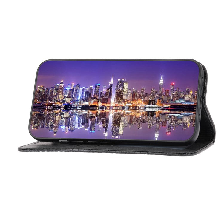 Phone Wallet Case for Google Pixel 7a, Imprinted Rhombus Pattern Calf Texture PU Leather Stand Phone Cover - Black