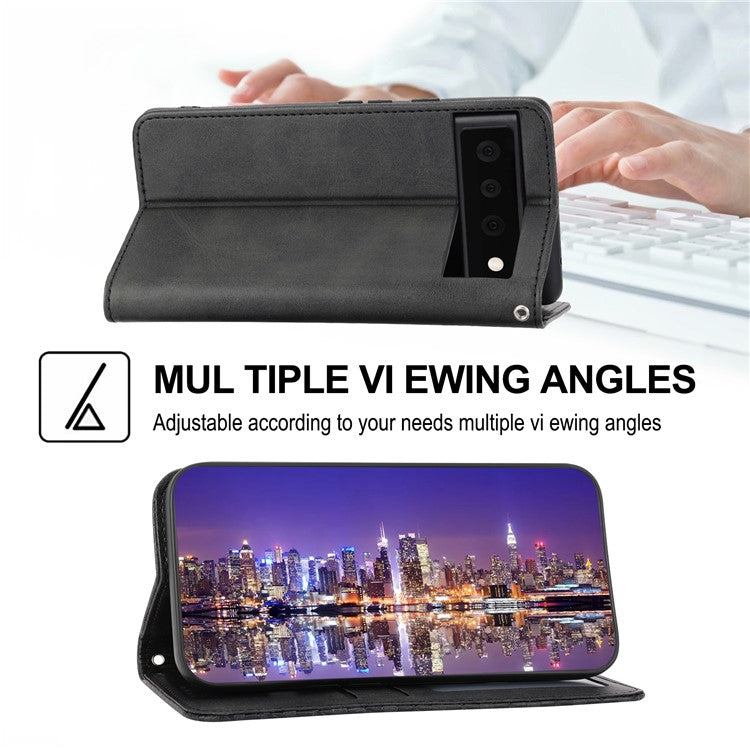 Phone Wallet Case for Google Pixel 7a, Imprinted Rhombus Pattern Calf Texture PU Leather Stand Phone Cover - Black