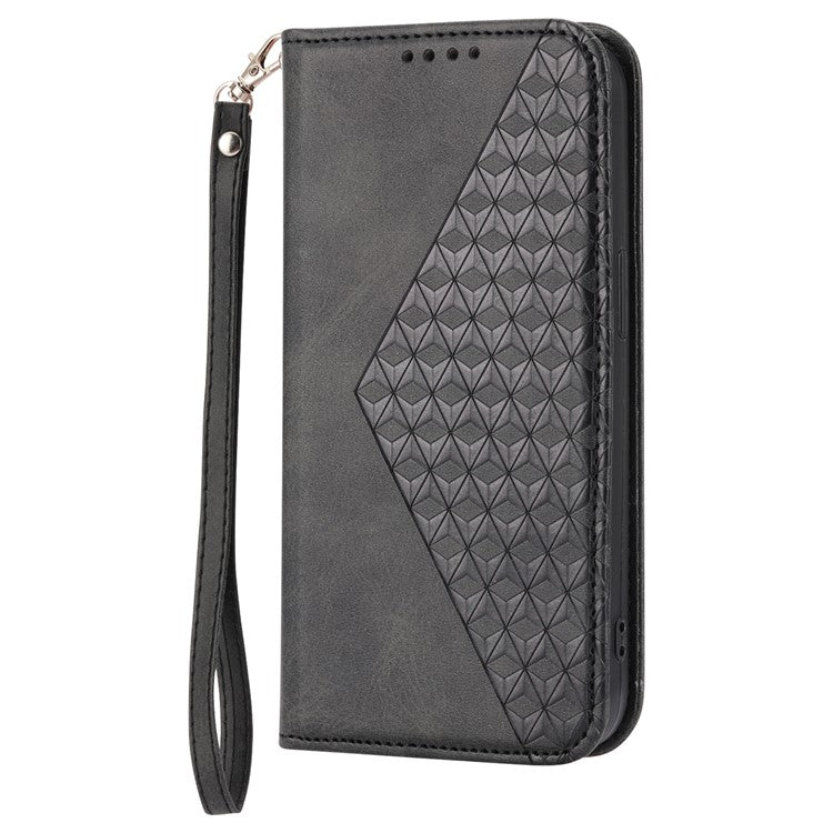Phone Wallet Case for Google Pixel 7a, Imprinted Rhombus Pattern Calf Texture PU Leather Stand Phone Cover - Black