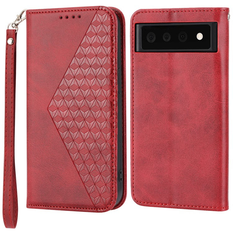 Phone Wallet Case for Google Pixel 7a, Imprinted Rhombus Pattern Calf Texture PU Leather Stand Phone Cover - Red