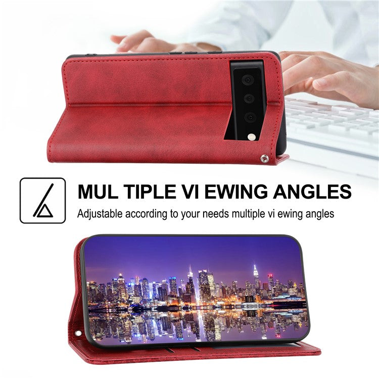 Phone Wallet Case for Google Pixel 7a, Imprinted Rhombus Pattern Calf Texture PU Leather Stand Phone Cover - Red