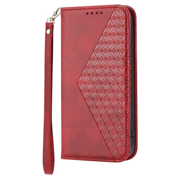 Phone Wallet Case for Google Pixel 7a, Imprinted Rhombus Pattern Calf Texture PU Leather Stand Phone Cover - Red