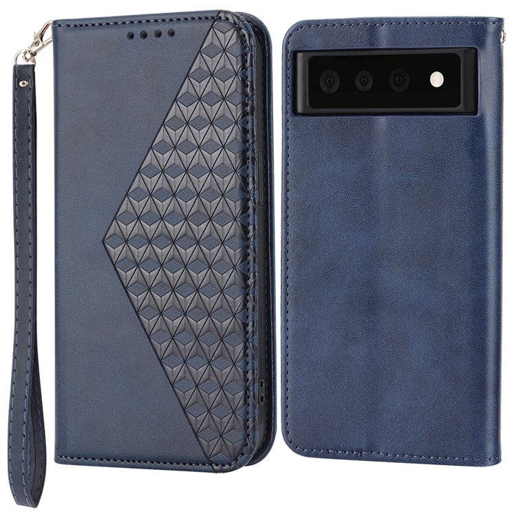 Phone Wallet Case for Google Pixel 7a, Imprinted Rhombus Pattern Calf Texture PU Leather Stand Phone Cover - Blue