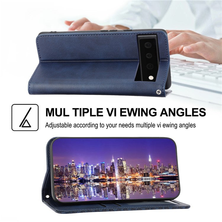 Phone Wallet Case for Google Pixel 7a, Imprinted Rhombus Pattern Calf Texture PU Leather Stand Phone Cover - Blue