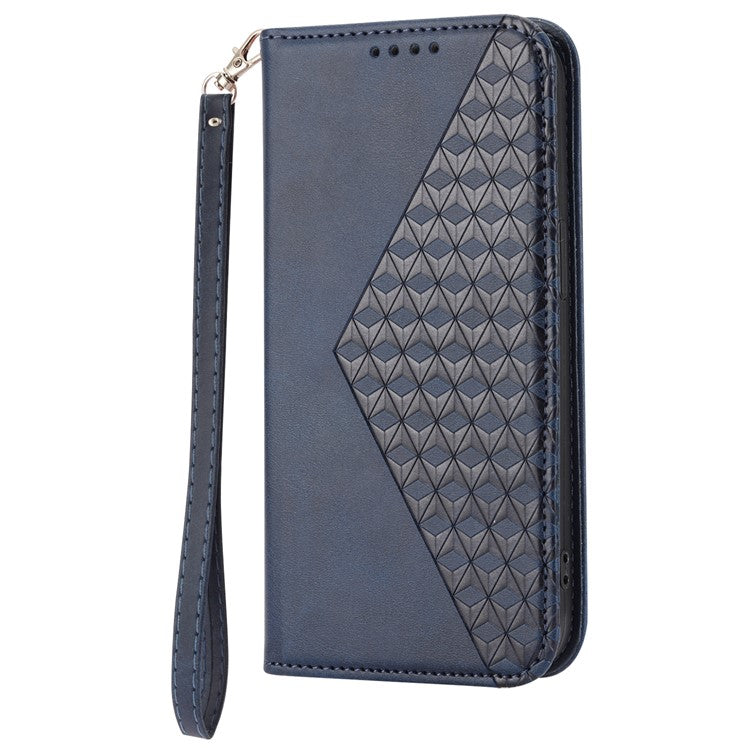 Phone Wallet Case for Google Pixel 7a, Imprinted Rhombus Pattern Calf Texture PU Leather Stand Phone Cover - Blue